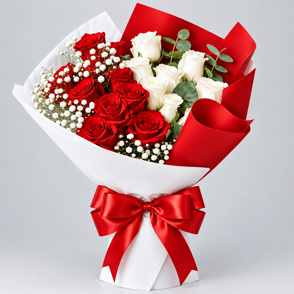 Red White Rose Bouquet Kuwait with Baby's Breath-italianflowerkw