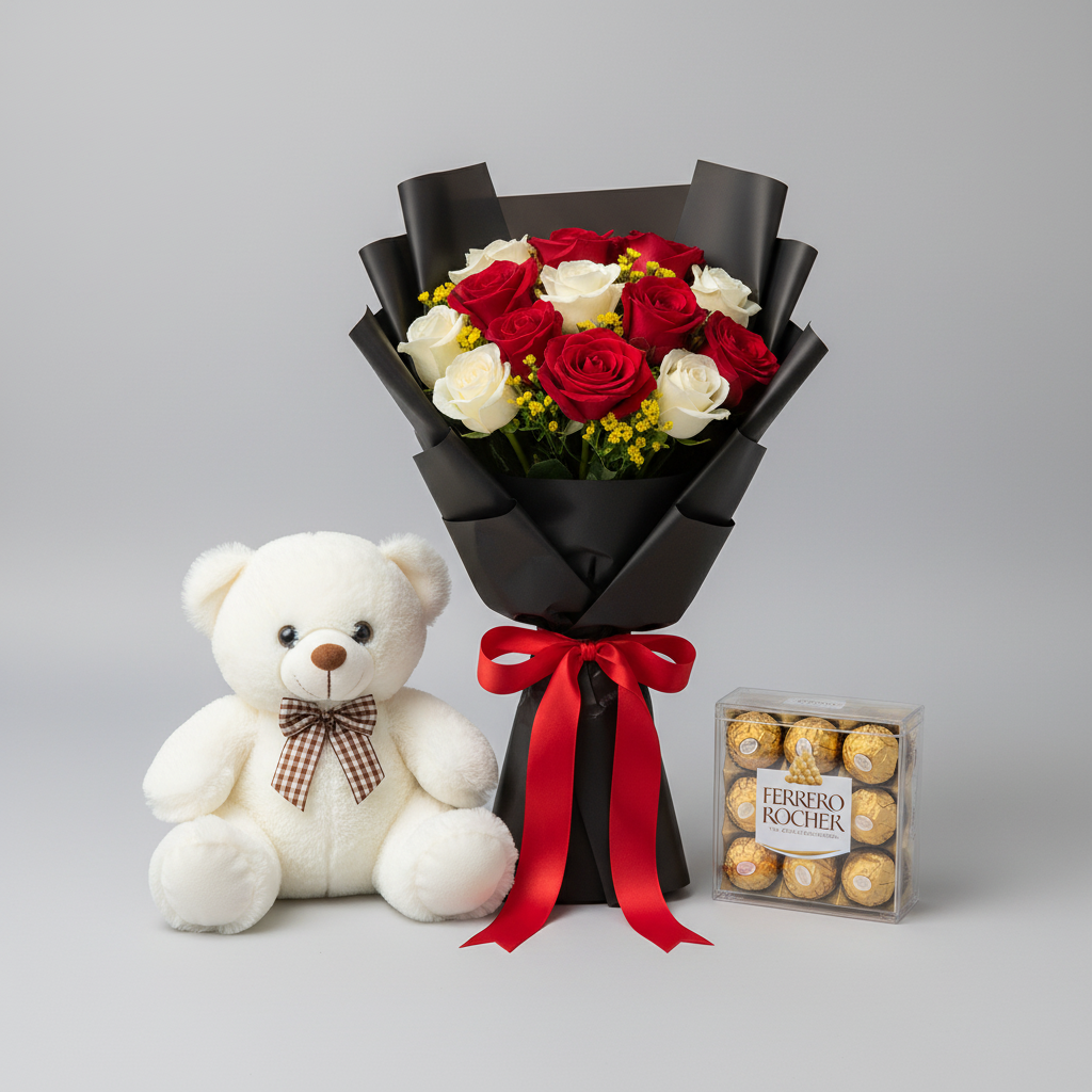 Red & White roses Bouquet with gifts - italianflowerkw