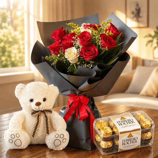 Red & White roses Bouquet with gifts - italianflowerkw