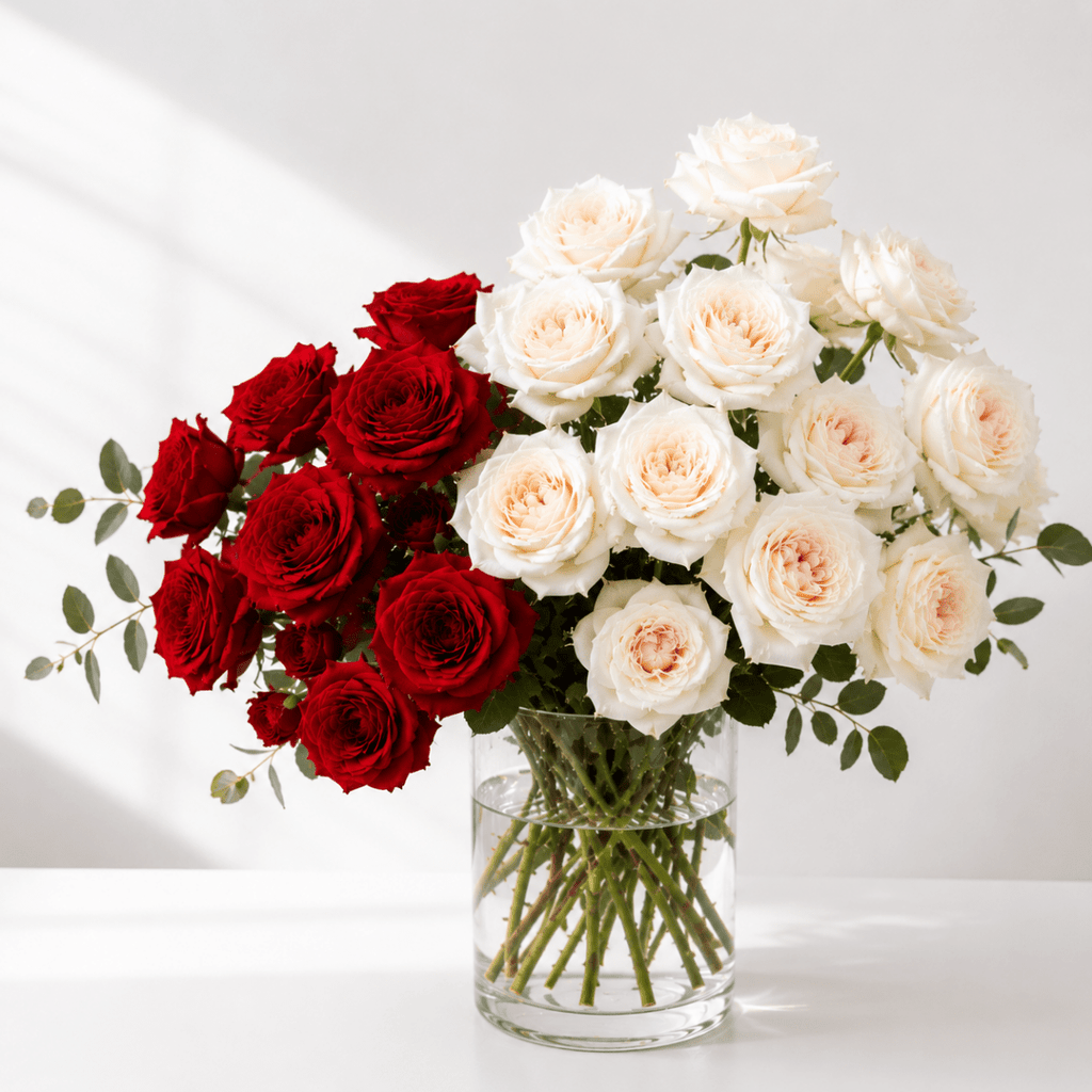 Red & White Roses in a Vase - italianflowerkw