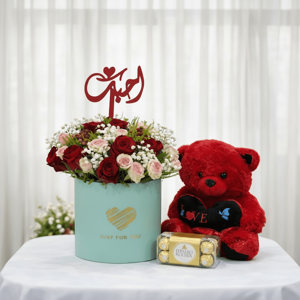 Romantic Roses, Teddy & Ferrero Gift Set-italianflowerkwRomantic Gift Flower