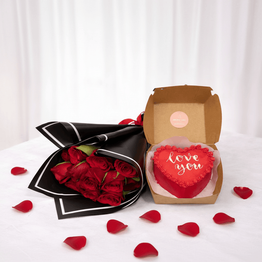 Romantic gift setup with roses and cake - italianflowerkw