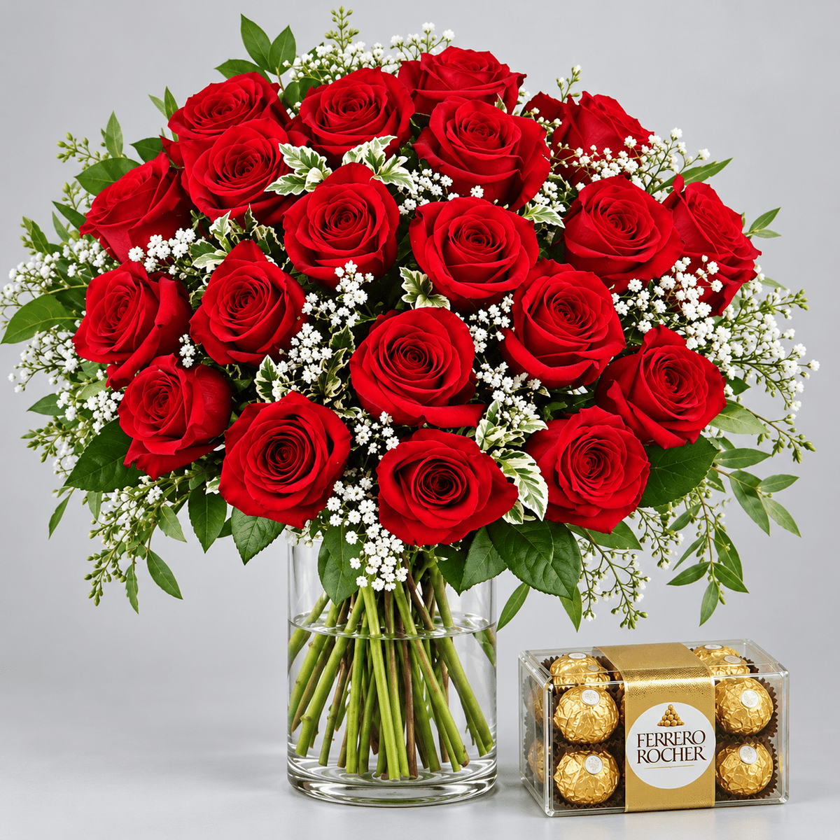 Romantic Red Rose Vase Arrangement Kuwait Delivery & Flower Chocolate Combo Gift-italianflowerkw