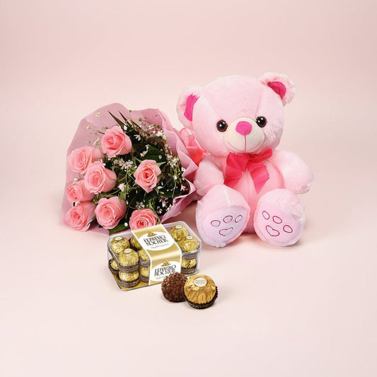 10 Pink Roses with Teddy & Ferrero Rocher Gift-italianflowerkwRoseRoseRose