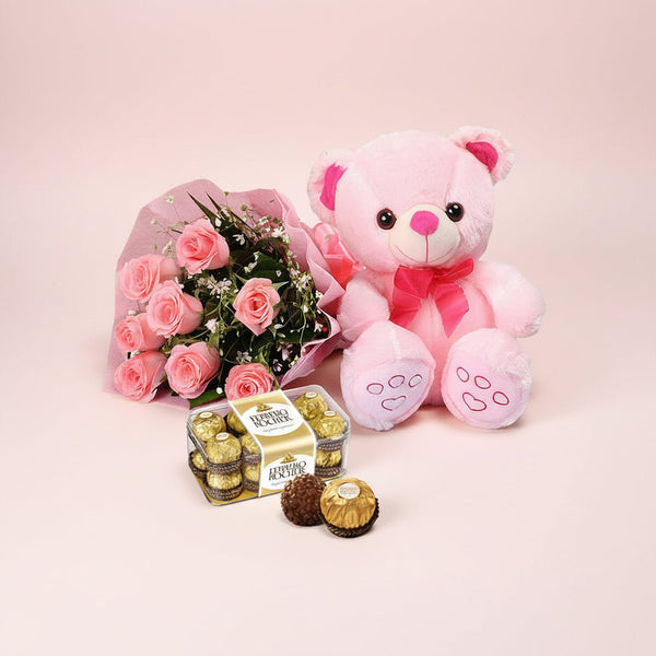 10 Pink Roses with Teddy & Ferrero Rocher Gift-italianflowerkwRoseRoseRose