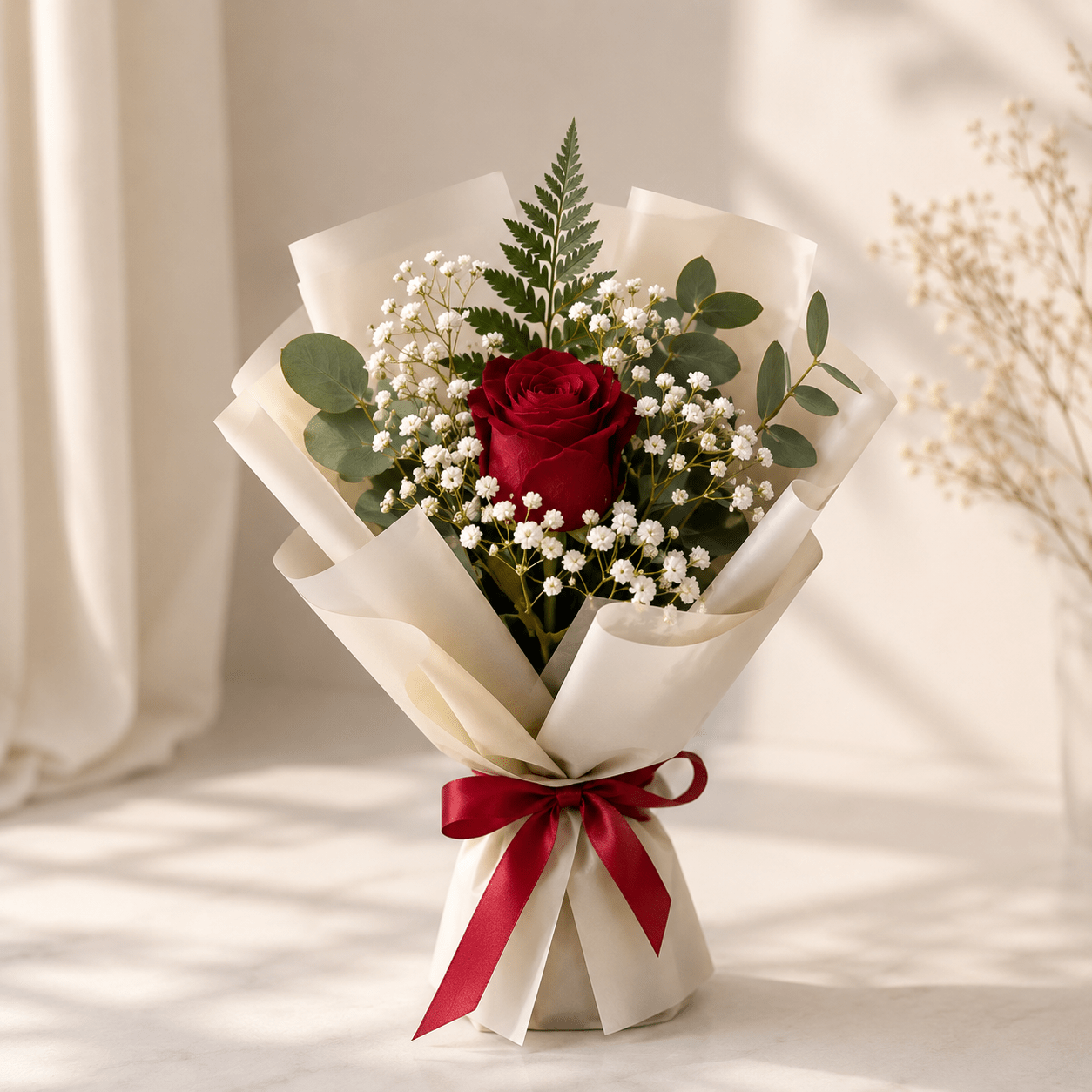 Single Red Rose Bouquet with Baby's Breath-italianflowerkw