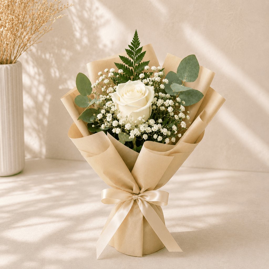 Single White Rose Bouquet with Baby's Breath – Same-Day Delivery Kuwait-italianflowerkw