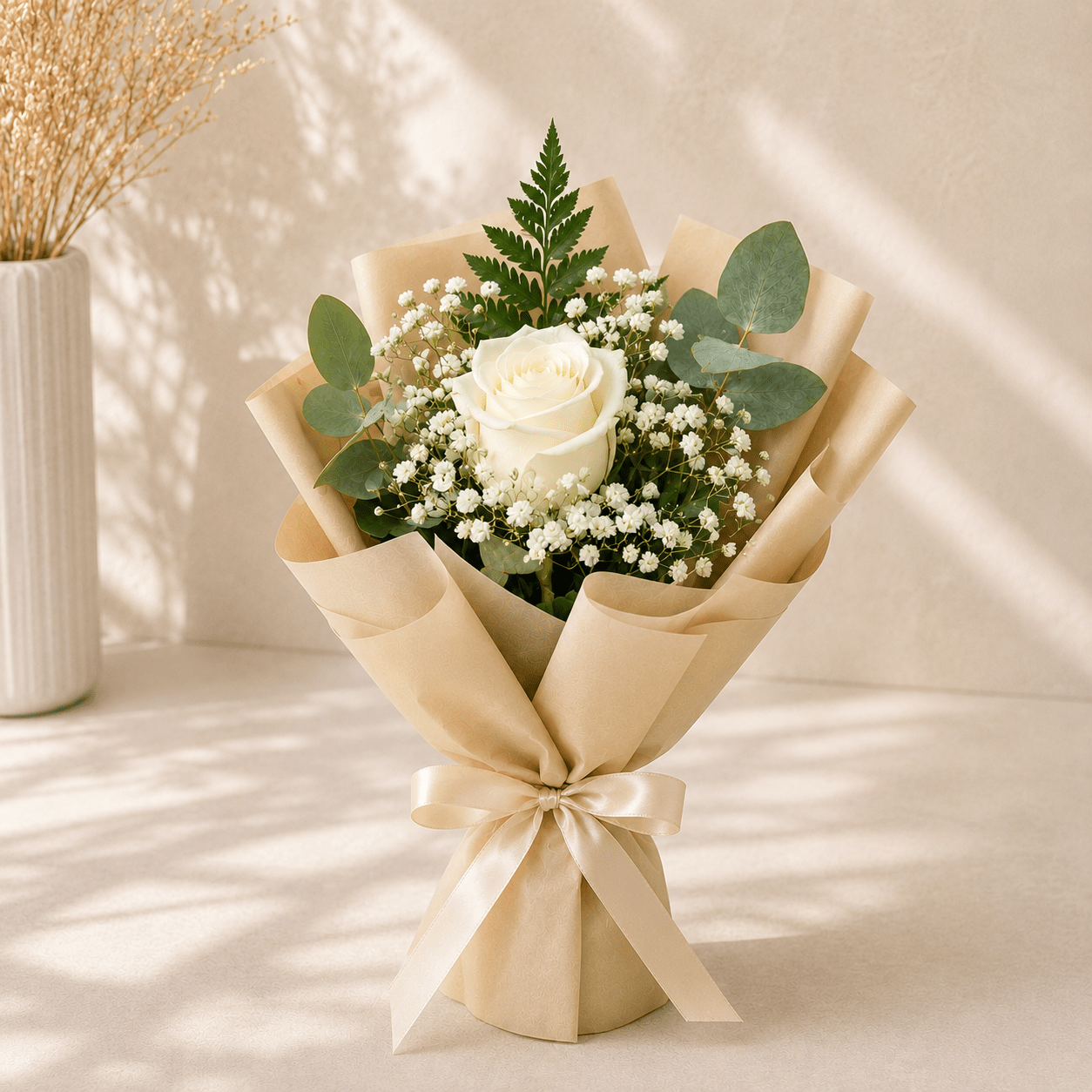 Single White Rose Bouquet with Baby's Breath – Same-Day Delivery Kuwait-italianflowerkw