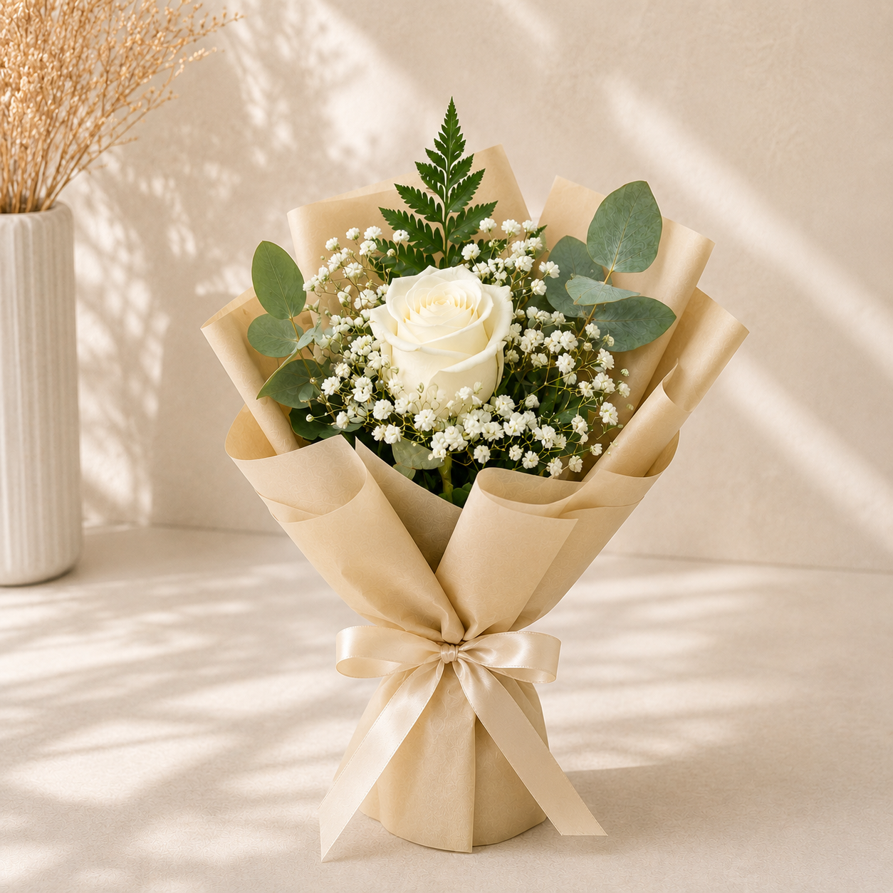 Single White Rose Bouquet with Baby's Breath – Same-Day Delivery Kuwait-italianflowerkw