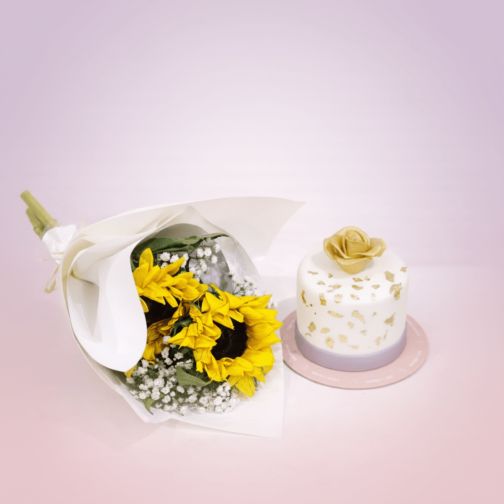 Sunflower Bouquet & Celebration Cake Gift Set.-italianflowerkw