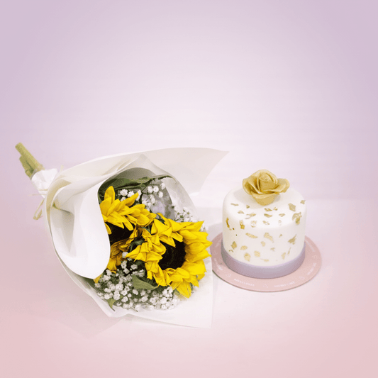Sunflower Bouquet & Celebration Cake Gift Set.-italianflowerkw
