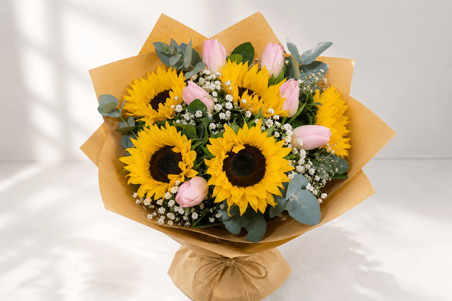 Sunflower & Pink Tulip Bouquet.-italianflowerkw