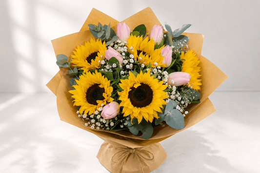Sunflower & Pink Tulip Bouquet.-italianflowerkw
