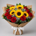 Sunflower & Red Roses With Gypsophilia - italianflowerkw