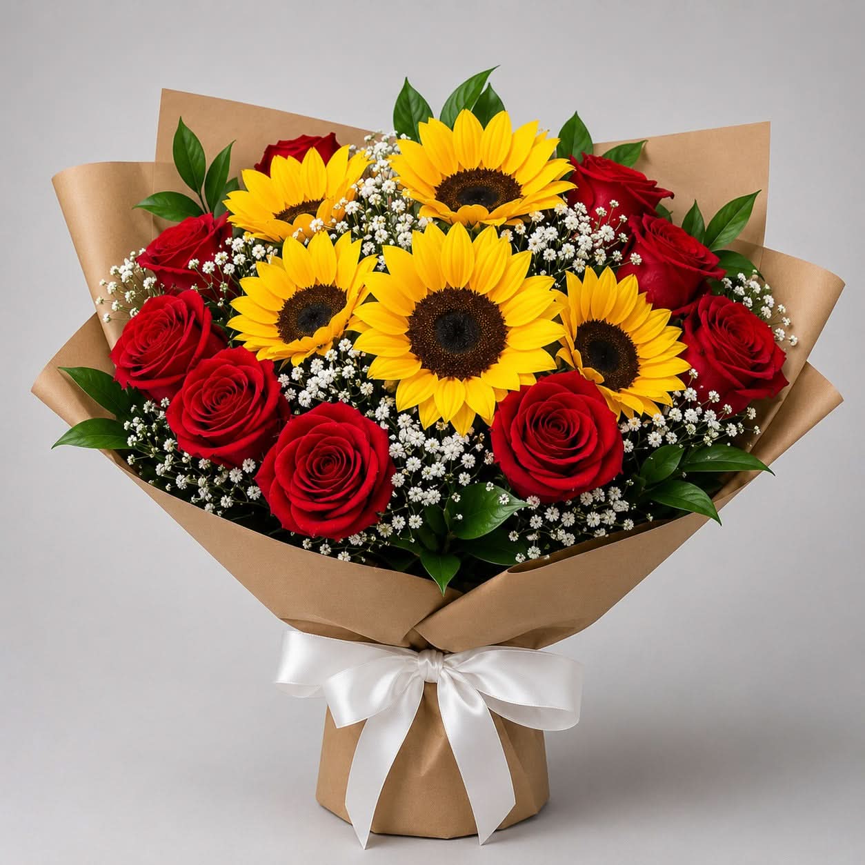 Sunflower & Red Roses With Gypsophilia - italianflowerkw