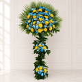 Sunshine & Sky Standing Flower Arrangement Kuwait – Yellow Roses & Blue Craze-italianflowerkw