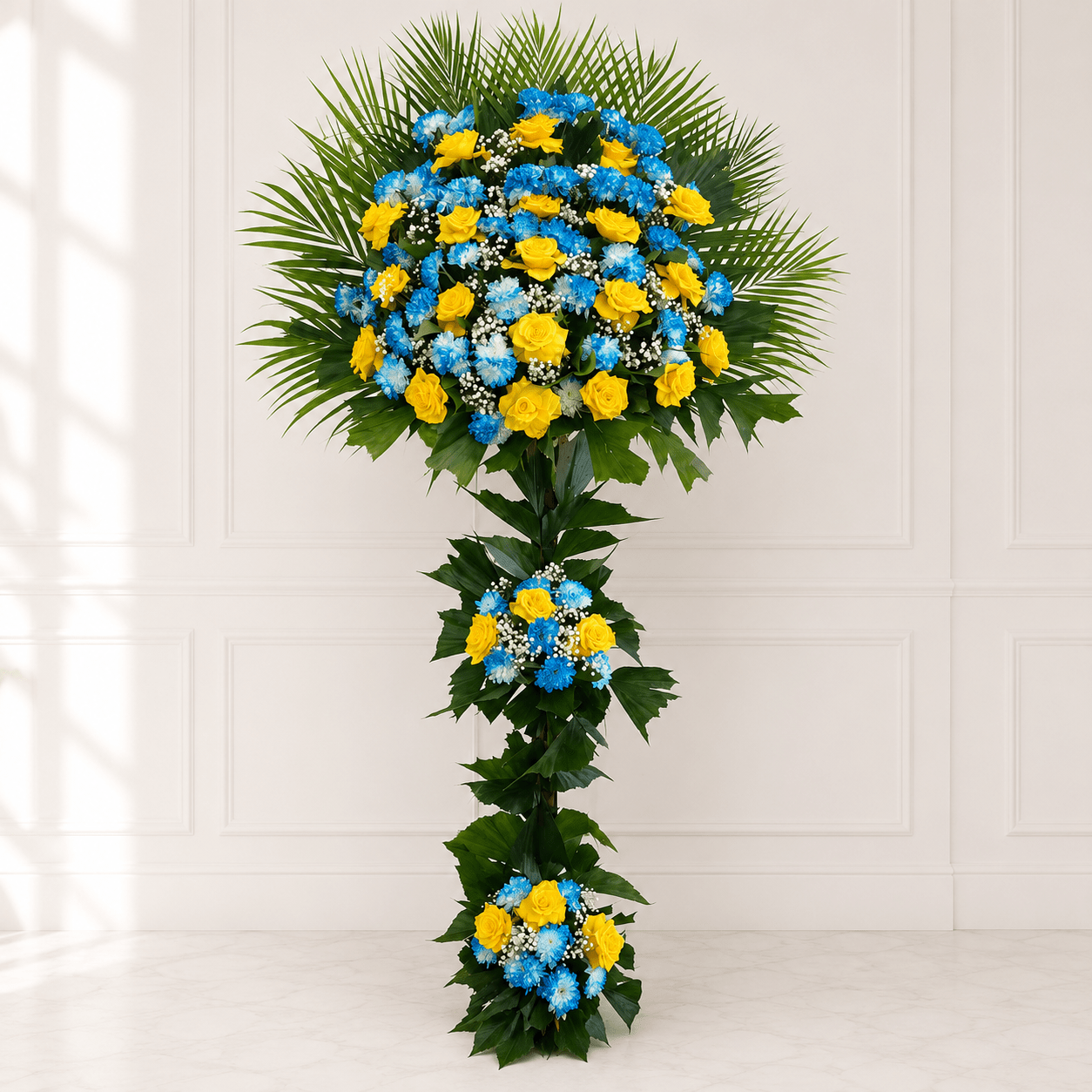Sunshine & Sky Standing Flower Arrangement Kuwait – Yellow Roses & Blue Craze-italianflowerkw