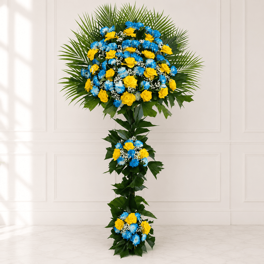Sunshine & Sky Standing Arrangement – Yellow Roses & Blue Craze-italianflowerkw