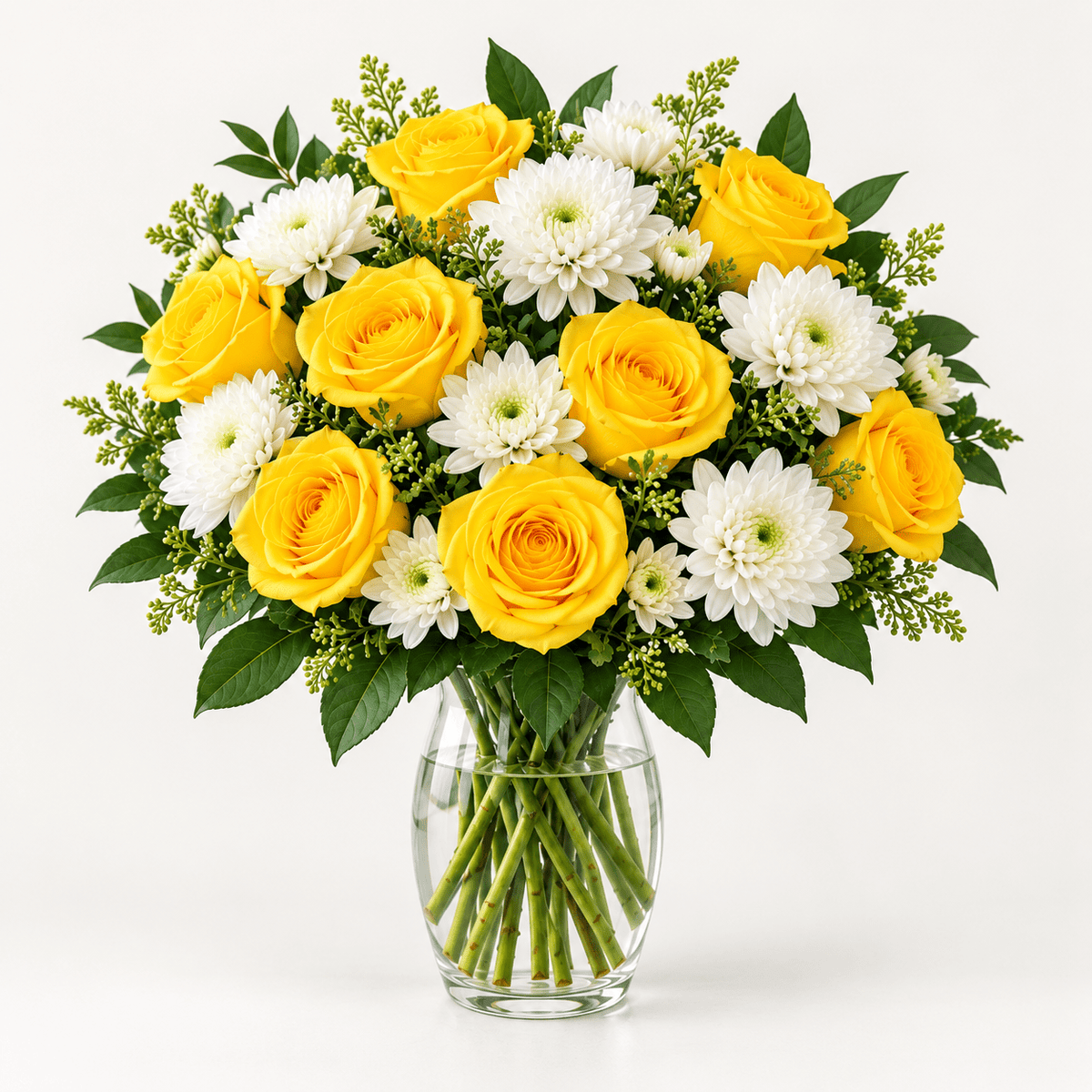 Sunshine Vase Arrangement – Yellow Roses & White Chrysanthemums-italianflowerkw