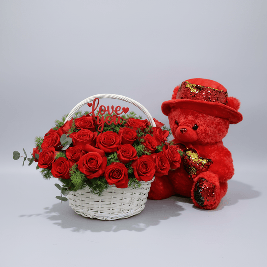 Valentine Red Roses Basket with Teddy & Love Acrylic-italianflowerkw