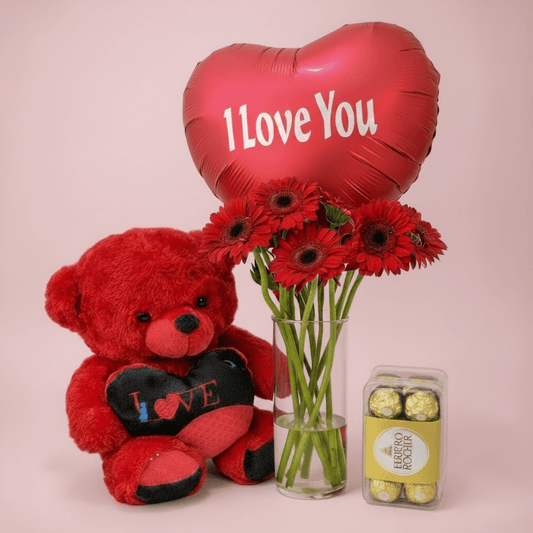Gerbera Flowers Vase with Chocolates & Teddy Bear-italianflowerkw