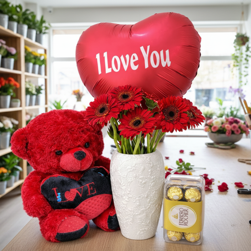 teddy bear ,red gerbera, valentine gift