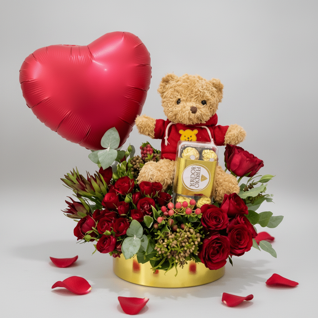 Luxury Red Roses Gift Box with Teddy & Ferrero-italianflowerkw