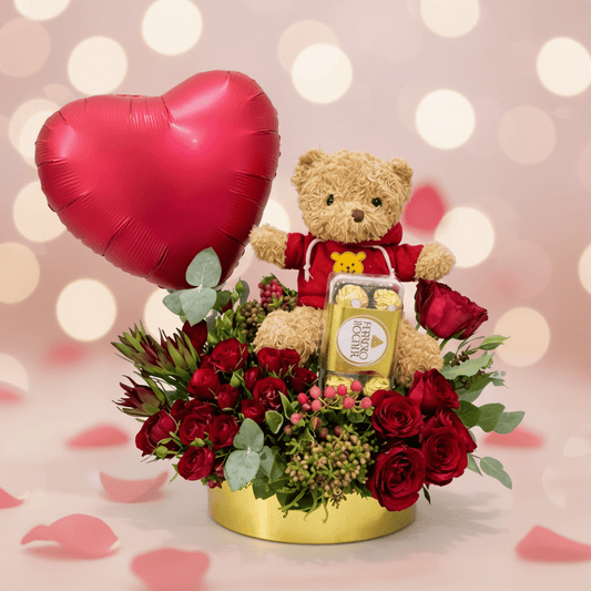 Luxury Red Roses Gift Box with Teddy & Ferrero-italianflowerkw