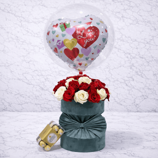 Luxury Roses Box with Ferrero & Love Balloon-italianflowerkw
