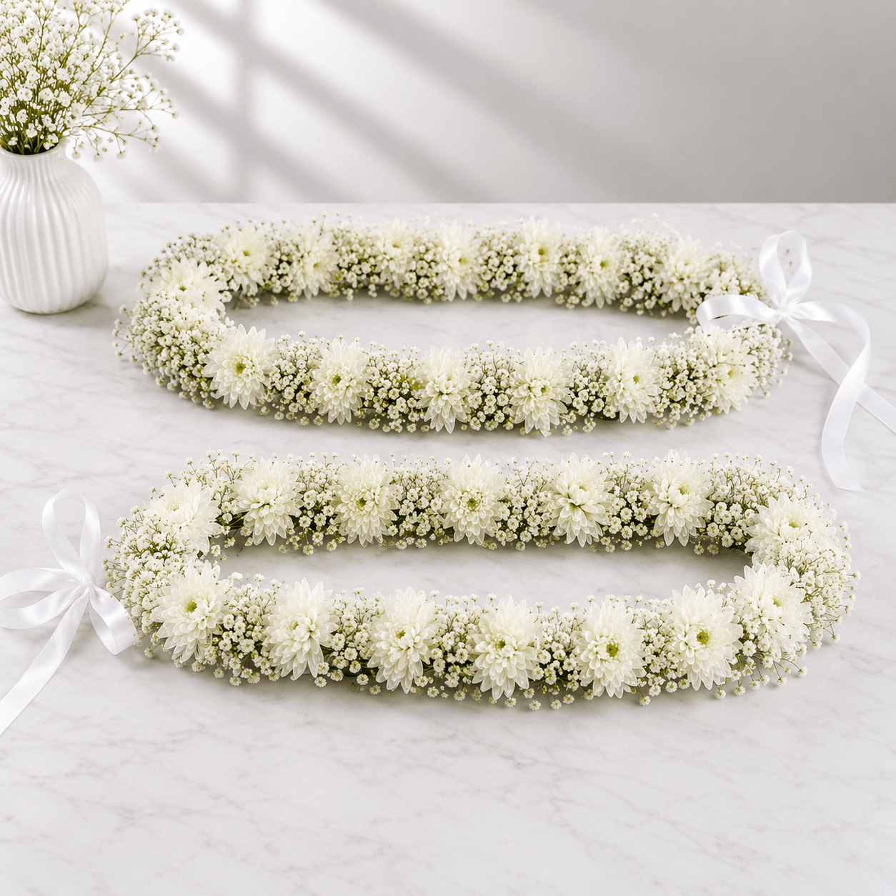 White Chrysanthemum & Baby's Breath Garland Lei (Set of 2)-italianflowerkw