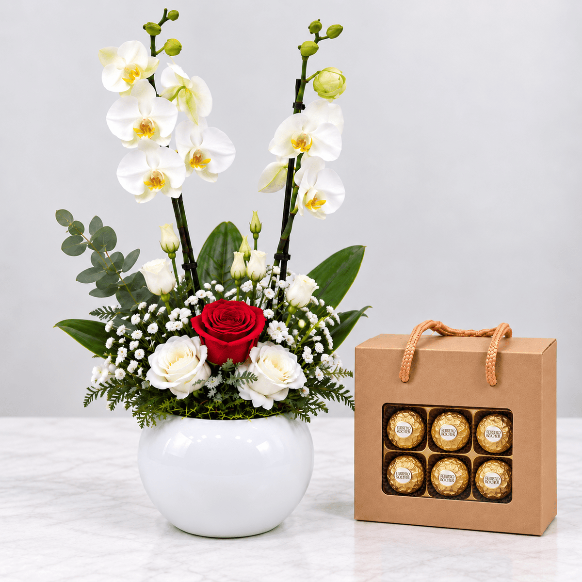 White Orchid, Red Rose & Chocolate Gift Set-italianflowerkw