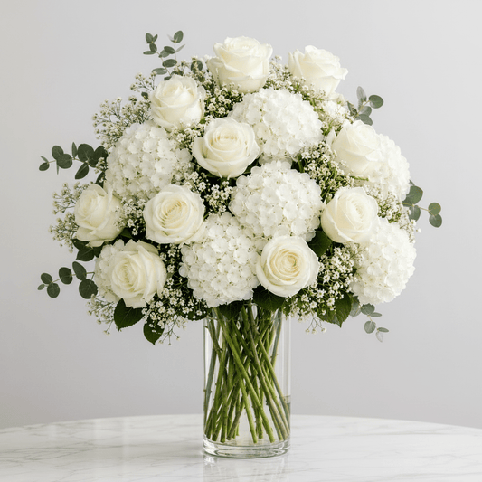White rose with hydrengea flower arrangement. - italianflowerkw