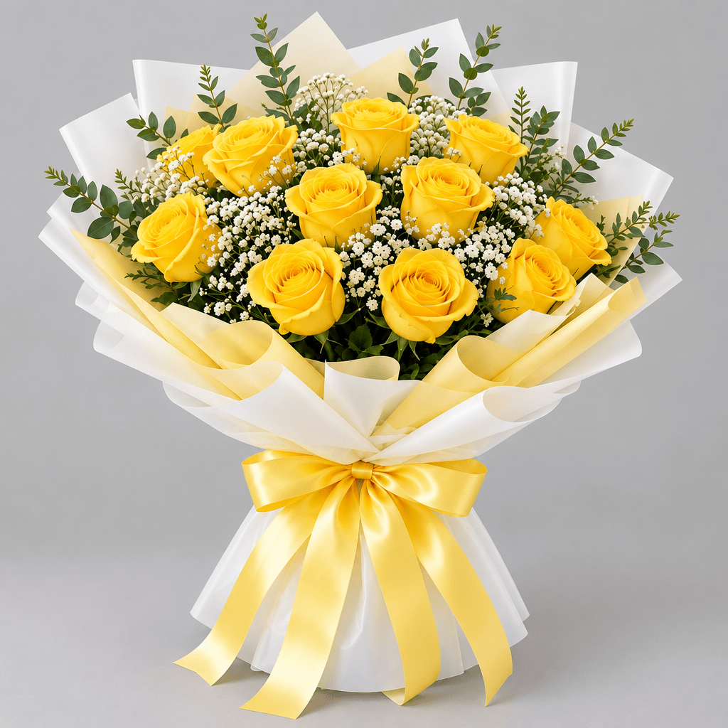 Yellow Rose Bouquet Kuwait & Baby's Breath Arrangement - Flower Delivery Kuwait