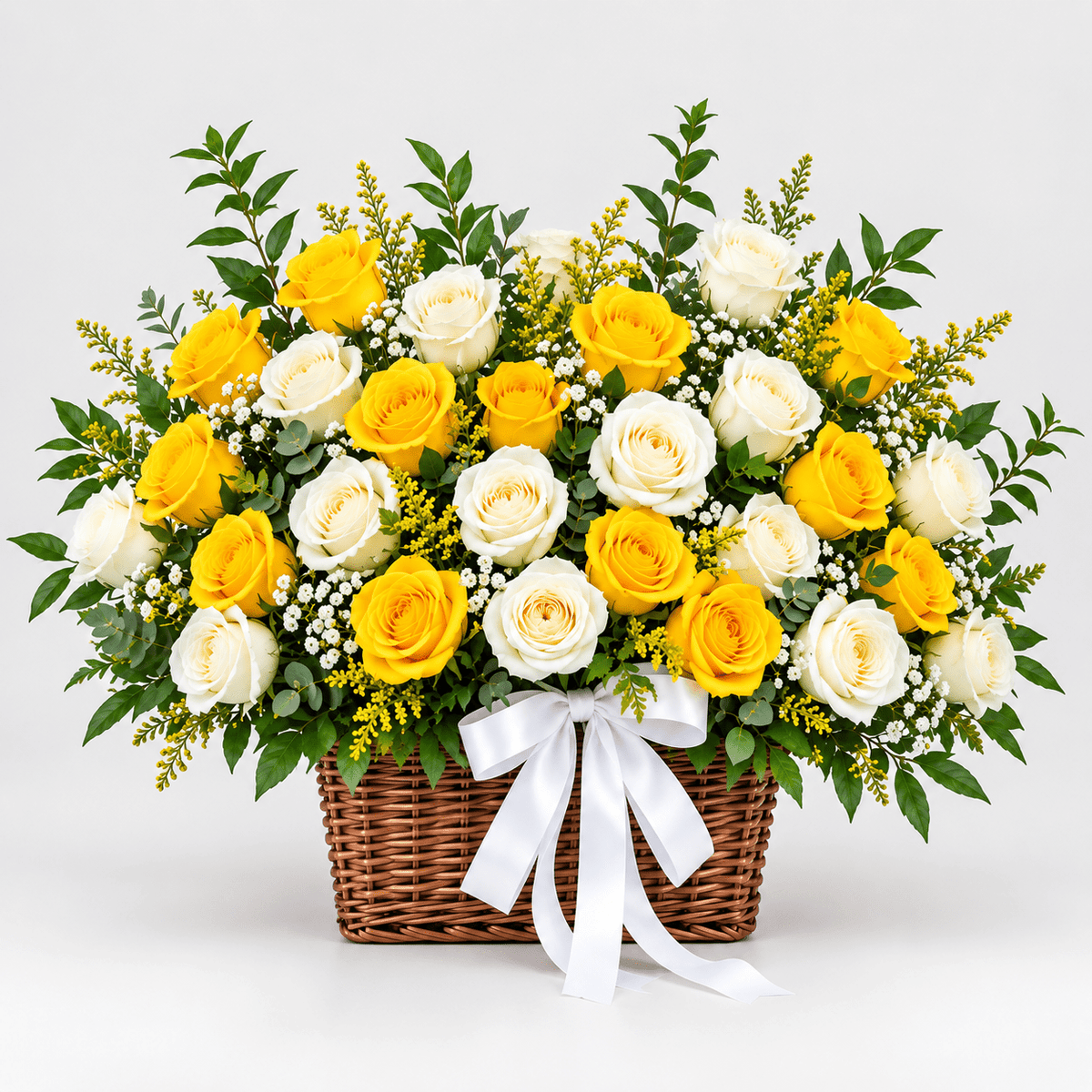 Yellow & White Rose Basket Arrangement Kuwait-italianflowerkw