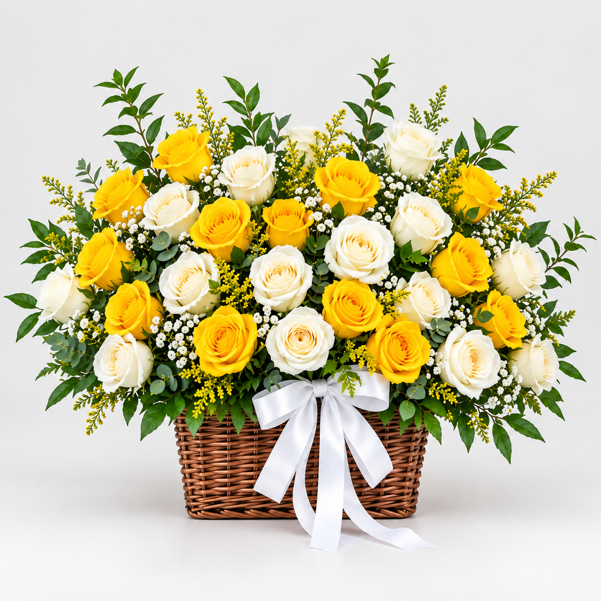 Yellow & White Rose Basket Arrangement Kuwait